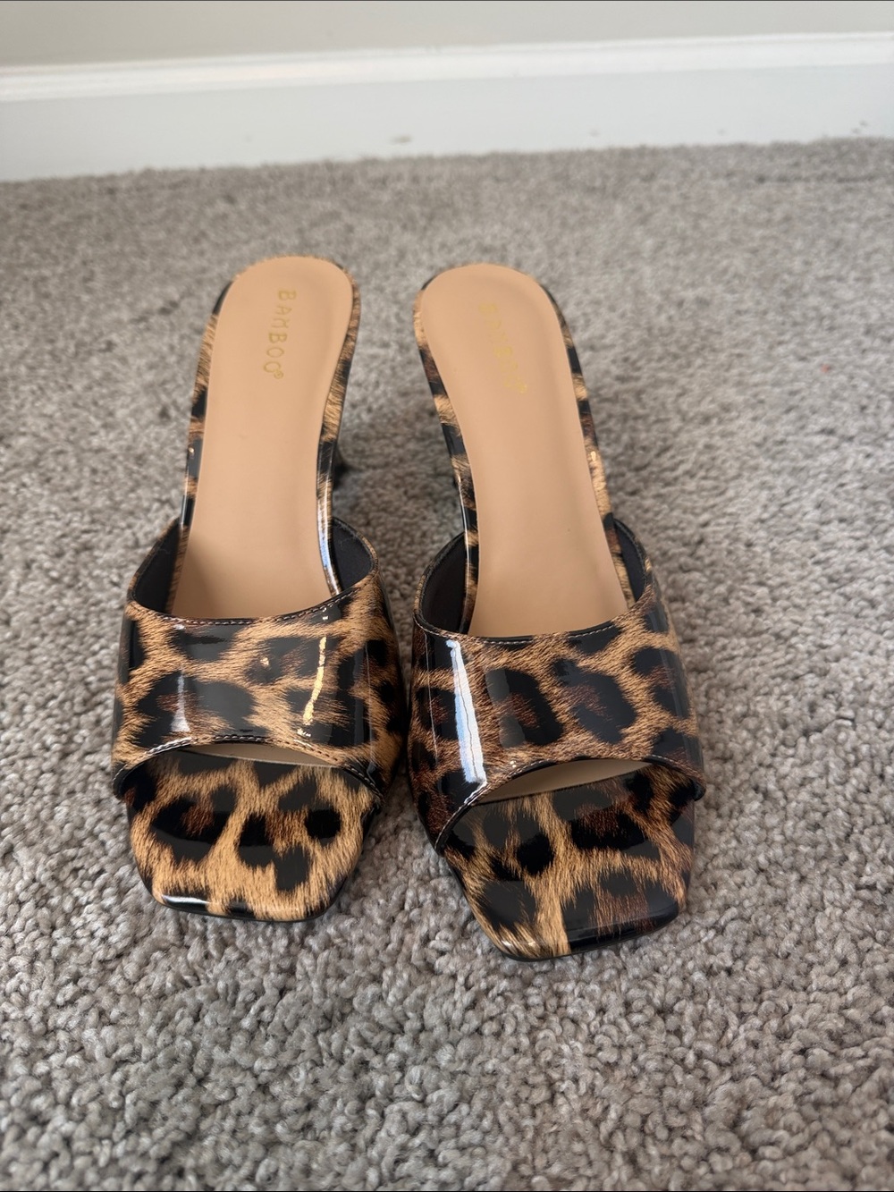 BAMBOO Leopard Patent Open-Square Toe Slide Mules - Brown/Black